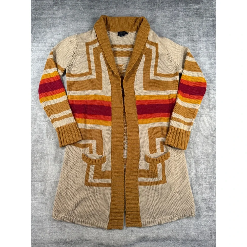 Pendleton Sweater Womens Medium Tan Southwestern Aztec Cardigan Longline Boho - Picture 1 of 7